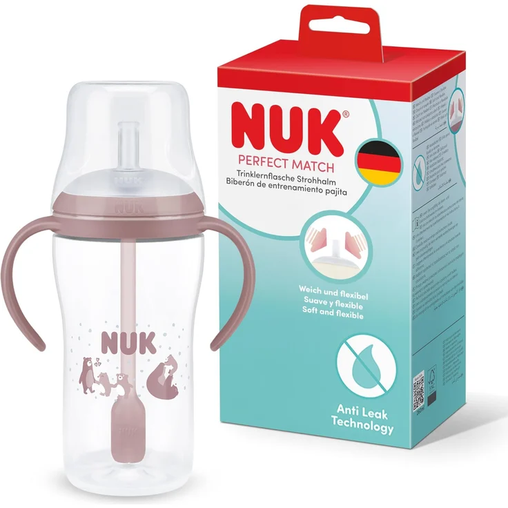 NUK Perfect Match Trinklernflasche mit Strohhalm | 8+ Monate | 260 ml | Auslaufsicherer Baby-Strohhalmbecher | Rutschfeste Griffe | Rosa | 1 Stück