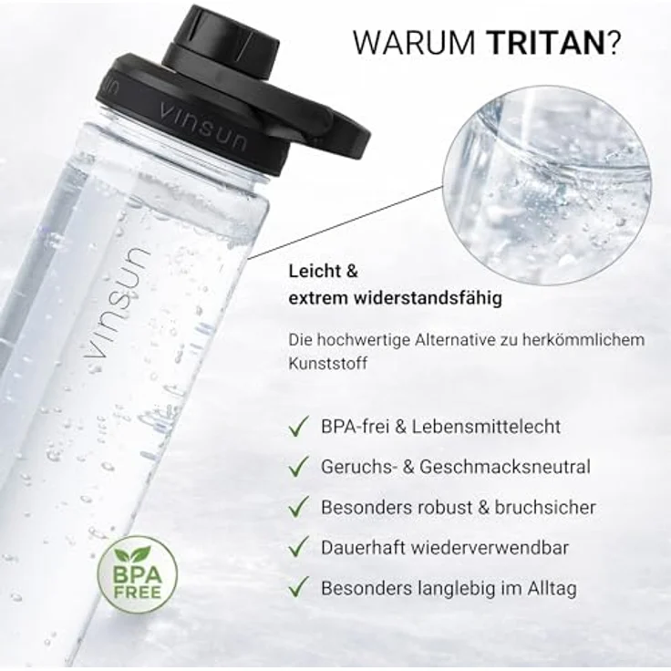 Vinsun Trinkflasche Sportflasche 750ml - Wasserflasche BPA frei & Kohlensäure geeignet, Auslaufsicher, bruchsicher, wiederverwendbar, leicht, Tritan Flasche – Bild 5