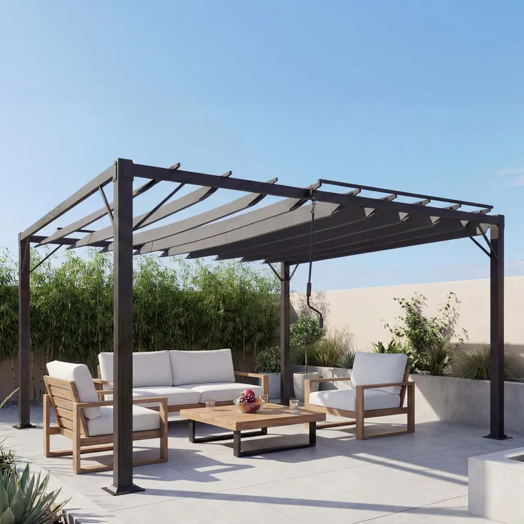 Pergola HWC-L40, Garten Lamellen-Pavillon Terrassenüberdachung, 8cm-Alu-Gestell Stoff/Textil, 3x3m anthrazit