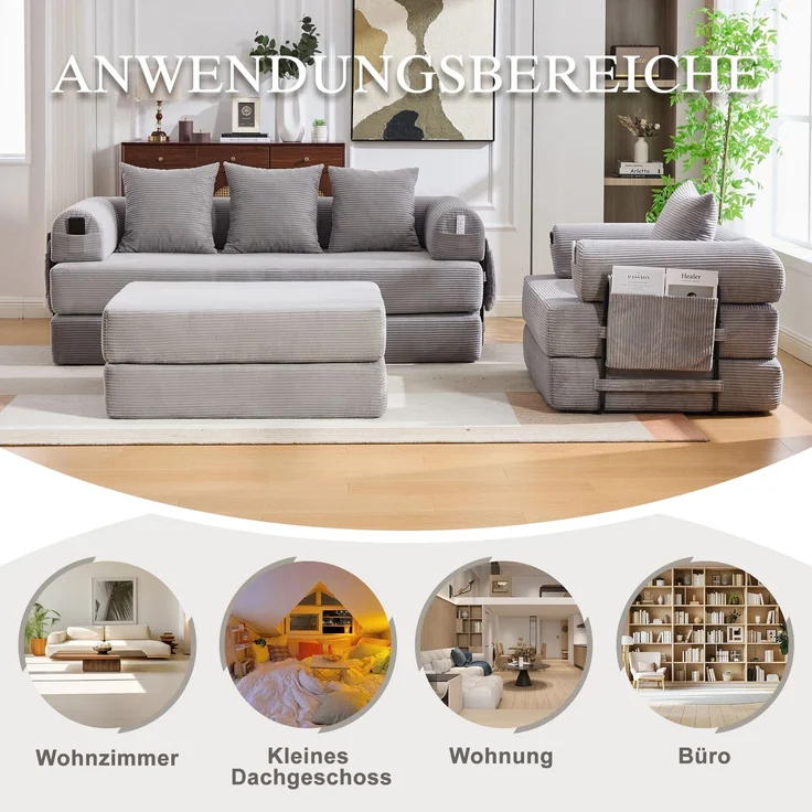Sofa-Set modular mit flexibler Sitzfläche, 3-Sitzer, Sessel & Hocker 200x190x67 cm, Cord Hellgrau – Bild 8