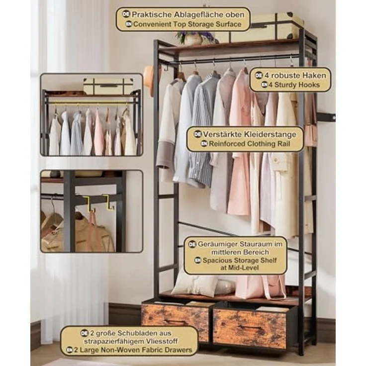 Yorbay Kleiderständer Garderobenständer mit 2 Schubladen & Aufbewahrungsbox,84x30x181 cm, 180kg Traglast,Retro Design für Schlafzimmer, Flur – Bild 3