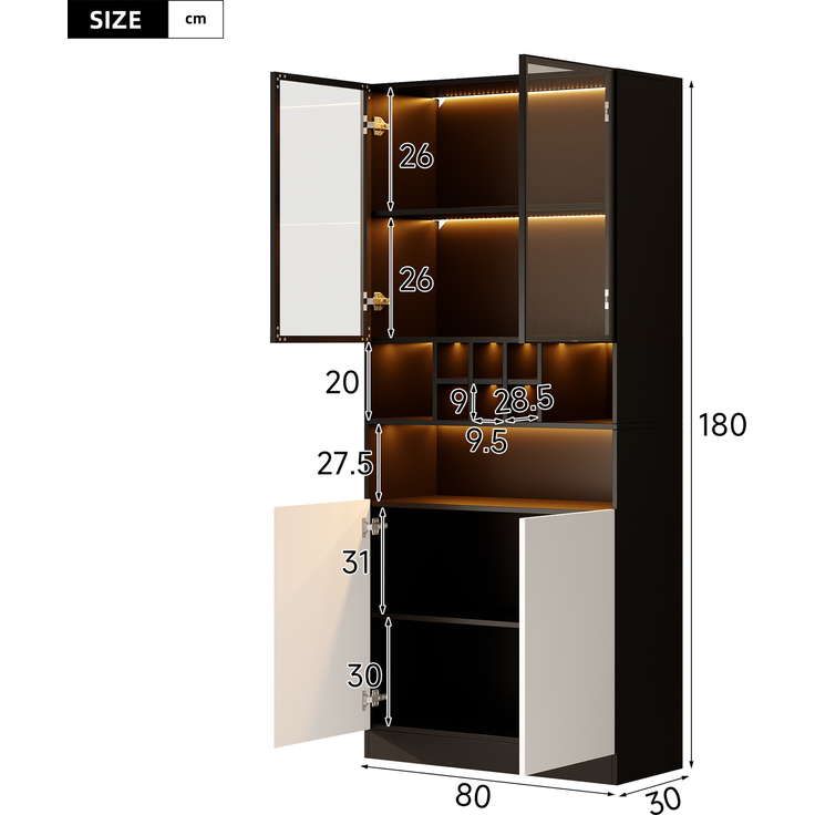 ZUBALIYA LED-Beleuchteter Glasvitrinenschrank, Küchenhochschrank 80×30×180 cm – Gehärtetes Glas, mit offenen Regalen, Platz für Flaschen und Geschirr, 2 Türen. Vielseitig geeignet für Wohnzimmer und Esszimmer – Bild 6