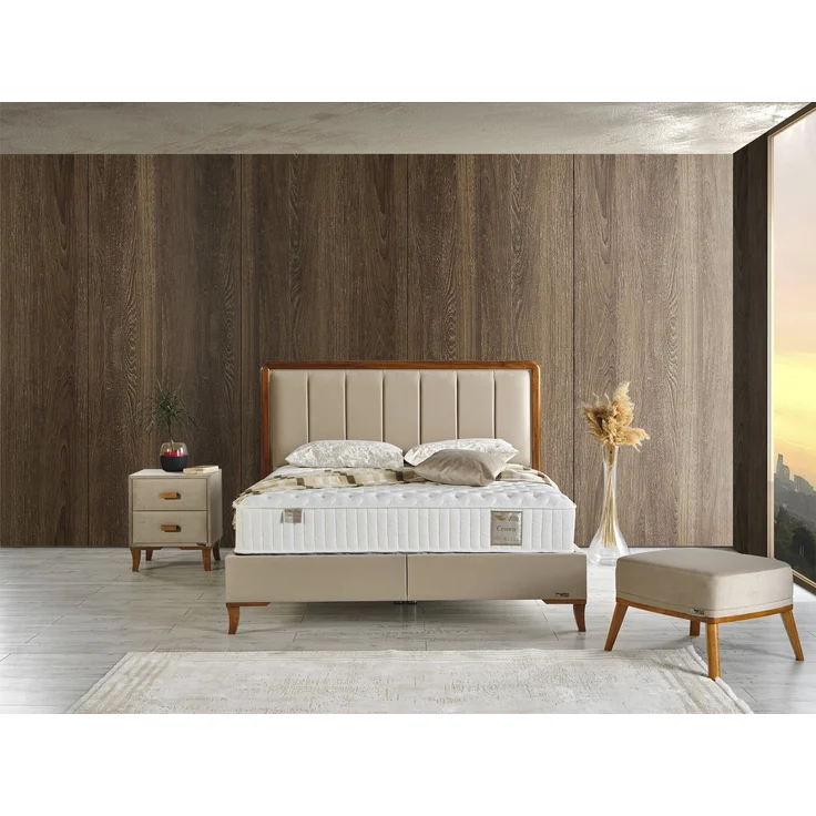 Schlafzimmer-Set "Rovina" – Bett mit Bettkasten und Matratze , Nachttisch, Hocker-Beige – Bild 2