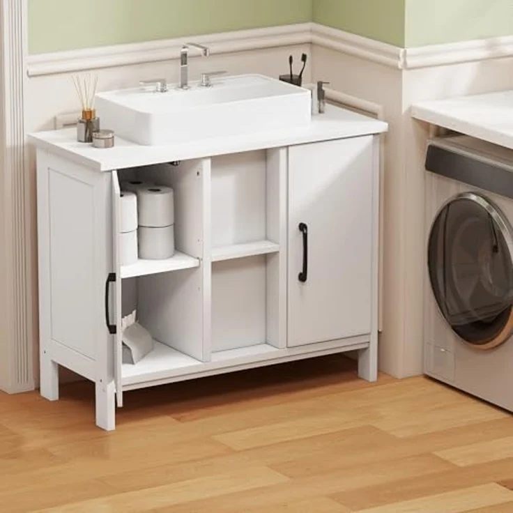 YITAHOME Waschbeckenunterschrank, Standwaschbecken Schrank mit 2 Türen, Waschtisch mit Ablage, Waschbeckenunterschrank mit U-Ausschnitt, Weiß – Bild 2