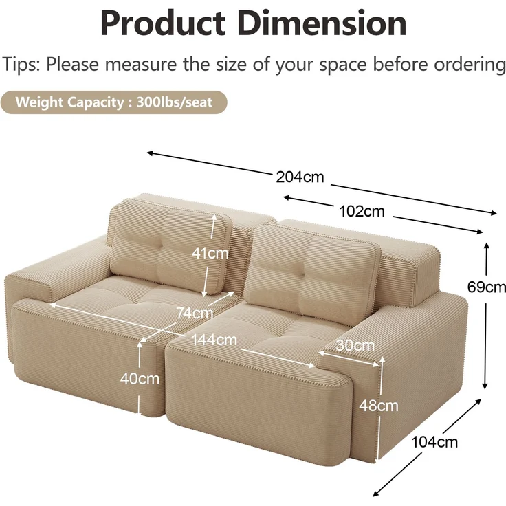 Boneless Modular Sofa,modernes Sofa für Wohnzimmer mit Tiefsitz bequemes Corduroy-Cloud-Sofa Loveseat-Kleinsofa Schlafsofa,Corduroy,Beige, – Bild 7