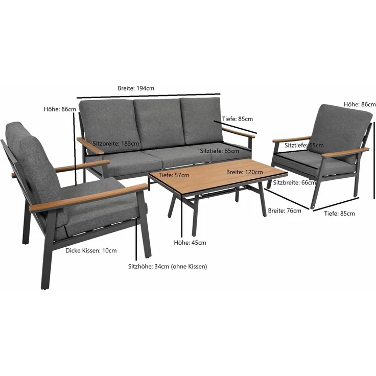 DEGAMO Gartenlounge-Set CALGARY 4-teilig, Aluminium anthrazit, Polster grau, extra grosse Ausführung – Bild 8