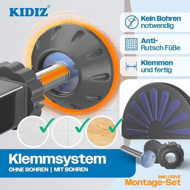 KIDIZ® Schutzgitter für Treppen, Auto Close Treppenschutzgitter ohne Bohren, 90° Stop, schwenkbare Trennwand, Klemmen, Anthrazit, 102 - 115 cm – Bild 6