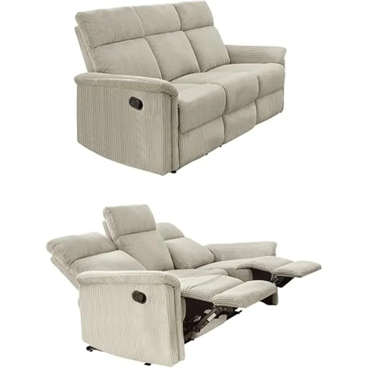 3-Sitzer-Relaxsofa Federkern Couch m. Liegefunktion verstellbar Bezug Cord Beige