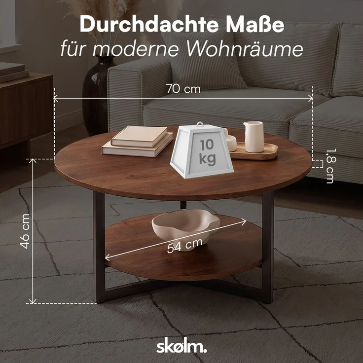 skølm 'Drakkar' Couchtisch rund, Massivholz Eiche, lackiert, Walnussoptik, Wohnzimmertisch Ø70 cm mit Metallgestell, Beistelltisch für Wohnzimmer mit Ablage – Bild 8