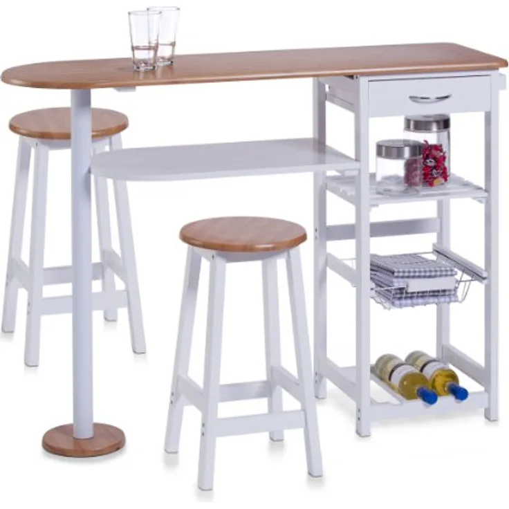 ZELLER 13776 Küchenbar mit 2 Hockern, MDF, Tisch 118 x 38 x 89 cm, Hocker 29 x 29 x 54 cm, weiß/Bamboo-Dekor, mit Schublade und Flaschenboden