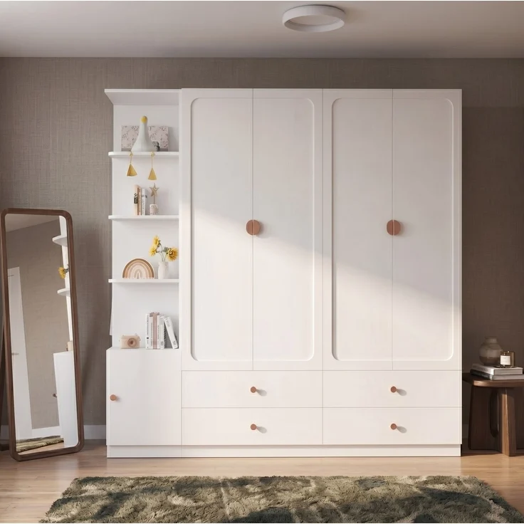 Kleiderschrank 225 x 45 x 200 cm in Weiß mit 3 Kleiderstangen und 4 Schubladen – Bild 4