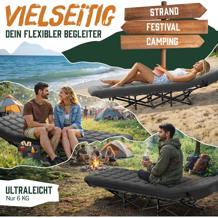 ELONEO Feldbett klappbar mit Premium Auflage, Campingliege bis 200kg belastbar, Anthrazit – Bild 5