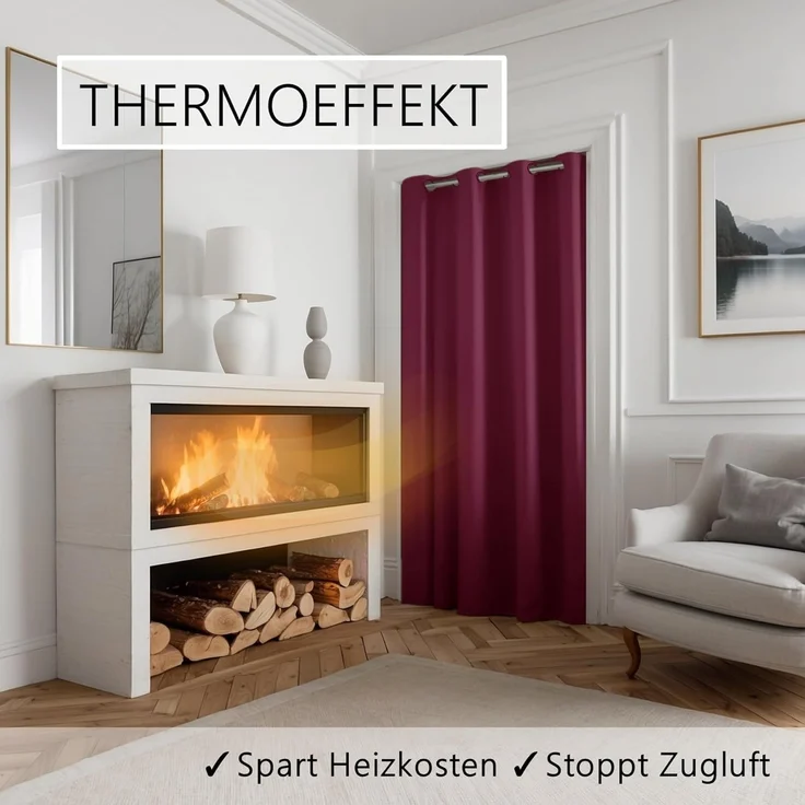 tinycurtains Türvorhang mit Stange silber 55-90 cm ohne Bohren, Thermo Vorhang mit Magneten, Ösen, abdunkelnd, Polyester, blickdicht, bordeaux rot Berry, Türgardine mit Klemmstange verdunkelnd – Bild 3