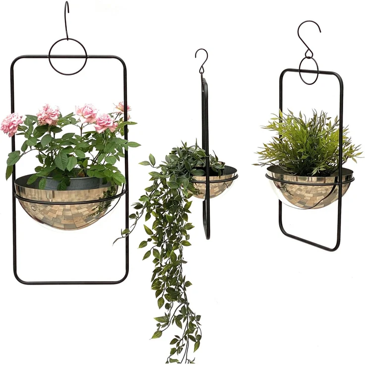 DanDiBo Blumenampel Innen Metall Wand Hängepflanzen 96083 3er Set mit Topf Silber Pflanzenhänger Blumenhänger Topfhänger Blumen Blumentopfhänger Hängetopf – Bild 3