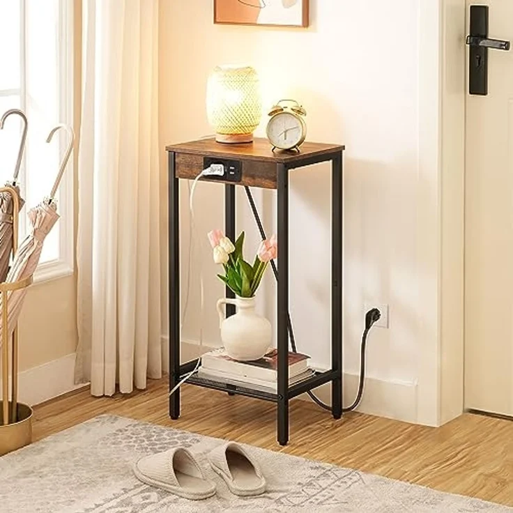 HOOBRO Beistelltisch mit Ladestation, Telefontisch Hoch mit Netzablage, Schmaler Nachttisch mit Steckdose für Wohnzimmer, Schlafzimmer, Vintagebraun und Schwarz EBF08CDH01 – Bild 2