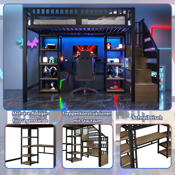 EINHOM Hochbett, 140 x 200 cm, Eisenrahmen, Ablagefach, Leiter mit Stauraum, Schreibtisch, LED-Lichtleiste, USB-Anschluss Inklusive, Schwarz (Ohne Matratze) – Bild 5