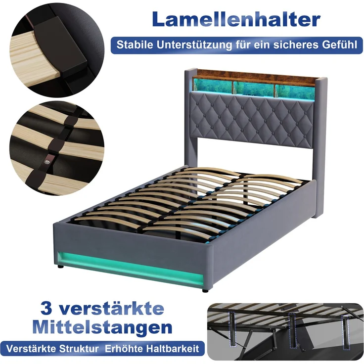 Luxuriöses Polsterbett aus Samt mit hochelastischer Polsterung & Lattenrost, ohne Matratze, 140x200 cm, Dunkelgrau – Bild 4