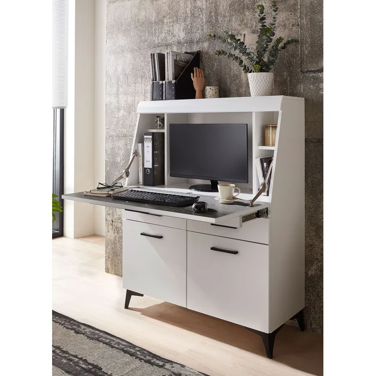 InnoStyle Sekretär Schreibtisch SECRET Weiß mit schwarzen Griffen und Beinen 98x42x124 cm