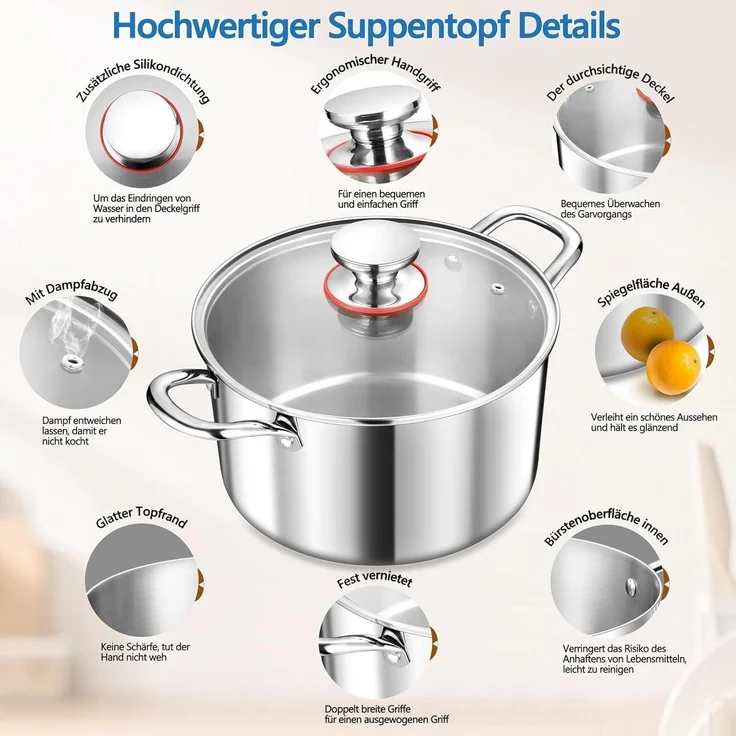 TEAMFAR Kochtopf 24cm 5,7L Edelstahl Glasdeckel alle Herdarten Induktion – Bild 3
