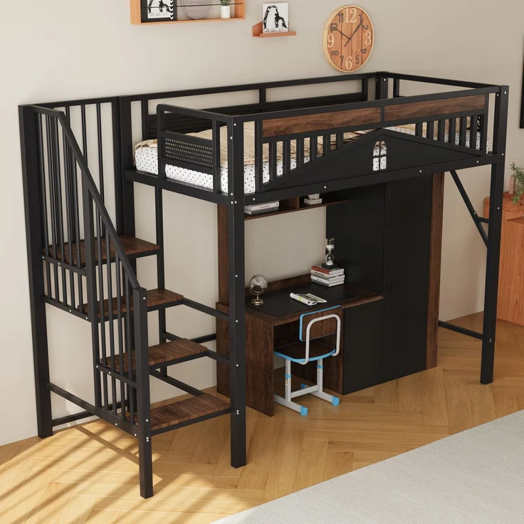 Metall-Hochbett 90x200 cm, Einzigartige Sicherheitsumrandung mit Fenster, Mit Sicherheitsleiter, Genügend Platz unter dem Bett für freien Stoffbezug, Schwarz – Bild 1