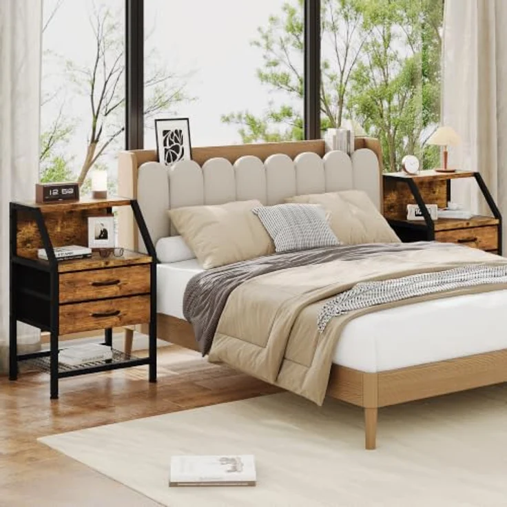 Feonase Nachttisch mit 2 Stoffschubladen, Nachtschrank mit 3 Etagen Stauraum, stabiles Metallgestell, Wohnzimmer modern, Rustikales Braun – Bild 6