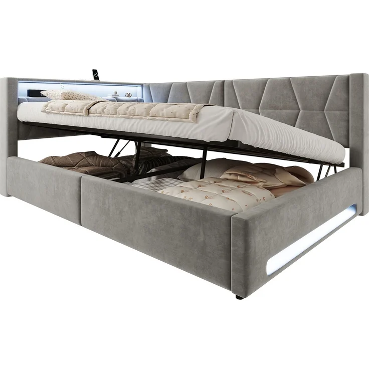 TavilaEcon Polsterbett Samtbett mit LED-Beleuchtung an Kopf- und Fußteil, USB & Type-C grau Liegefläche 140 × 200 cm – Bild 10