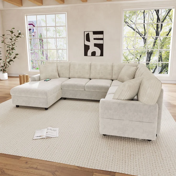 ZUBALIYA Modulare Wohnlandschaft, mit USB-C-Anschluss, H 83 × T 196 × B 249 cm, Beige, Chenille / Cord – Bild 4
