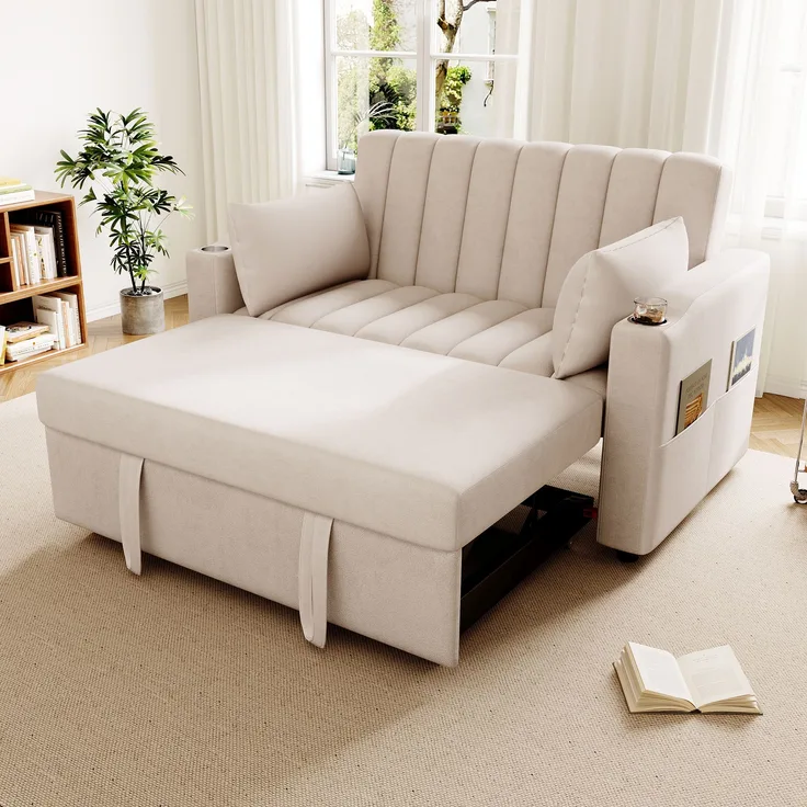 Schlafsofa 136x162x84 cm Beige, mit 3-fach verstellbarer Rückenlehne & Getränkehalter