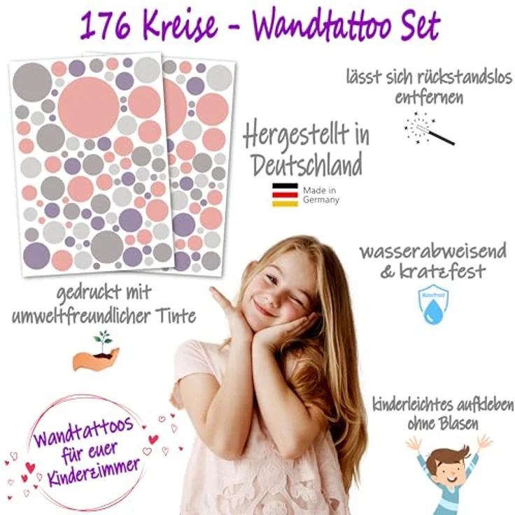PUNALU Wandtattoo Kreis Set 176 Stück Wandtattoo Babyzimmer Kinderzimmer Kreisaufkleber, selbstklebend, rückstandslos abziehbar – Bild 8