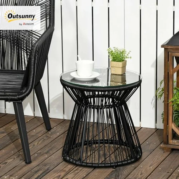 Outsunny Beistelltisch Runder Ratten Kaffeetisch, Bistrotisch mit Glastischplatte (Gartentisch, 1-St, Couchtisch), für Terrasse, Balkon, Metall, Schwarz – Bild 3
