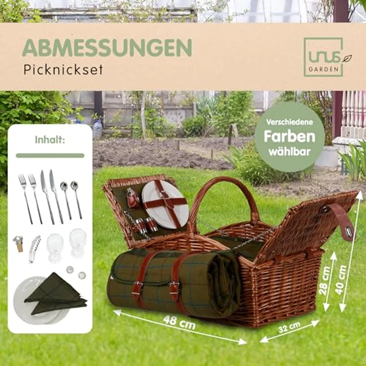 UNUS GARDEN Picknickkorb Weidenkorb für 2 Personen (Abmessung 28/40x32x48cm (HxBxL), inklusive Picknickdecke und inklusive Besteck, Geschirr, uvm. – Bild 5