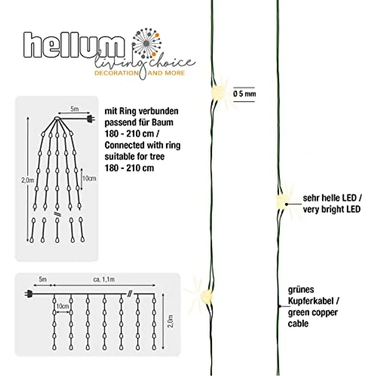 hellum LED Christbaumbeleuchtung mit Ring, Tauperlen Lichterkette Außen für Weihnachtsbaum, 12 Stränge als 1,1x2m Lichtvorhang oder 2m Dekoration, wetterfest, extrahelle LEDs – Bild 4