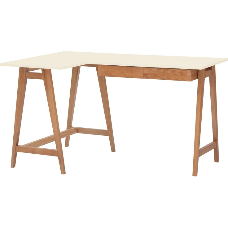 Ragaba Eckschreibtisch mit 2 Schubladen und Fußstütze, MDF & Massives Eschenholz Eichenbeize, 135x85 cm, Perl Weiß, Links – Bild 1