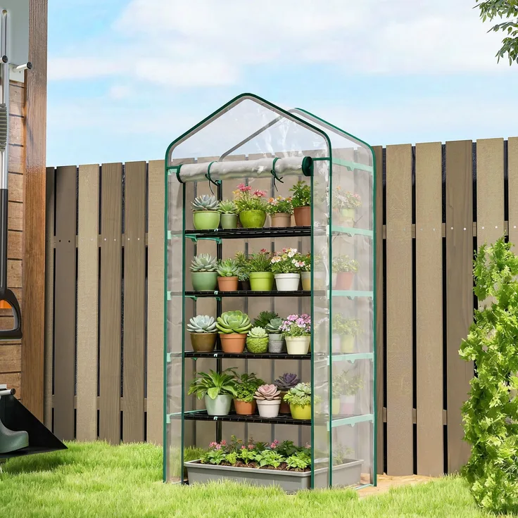 Wohnora-PVC-Gartengewächshaus mit 5 Regalböden, Balkongewächshaus, Stahlrahmen, Tür mit Reißverschluss, 90 x 49 x 193 cm, transparent,H 1930cm x T 935cm x B 490cm