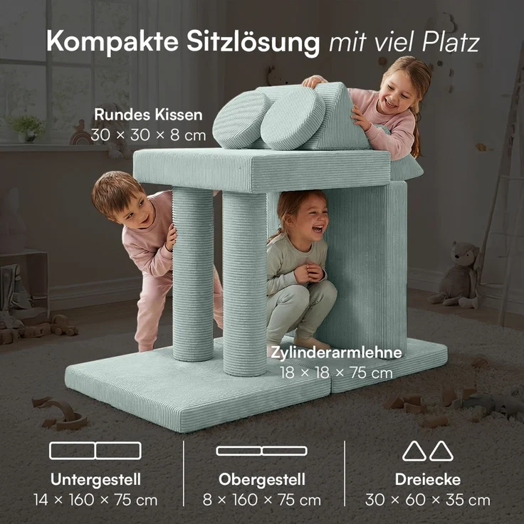 Bellabino 'Nile' Spielsofa mit Kissen und Armlehnen, 8-tlg, Cord, türkis, faltbare Kindercouch, abnehmbarer & waschbarer Bezug, Kindersofa aus Schaumstoff – Bild 9