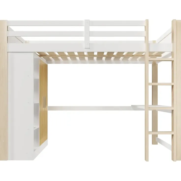 Hochbett mit RGB LED-Streifen, Schreibtisch, Lattenrost, Kleiderschrank, Trittleiter, Regal und Rausfallschutz, 140x200 cm, Kinderbett, Kiefer – Bild 7