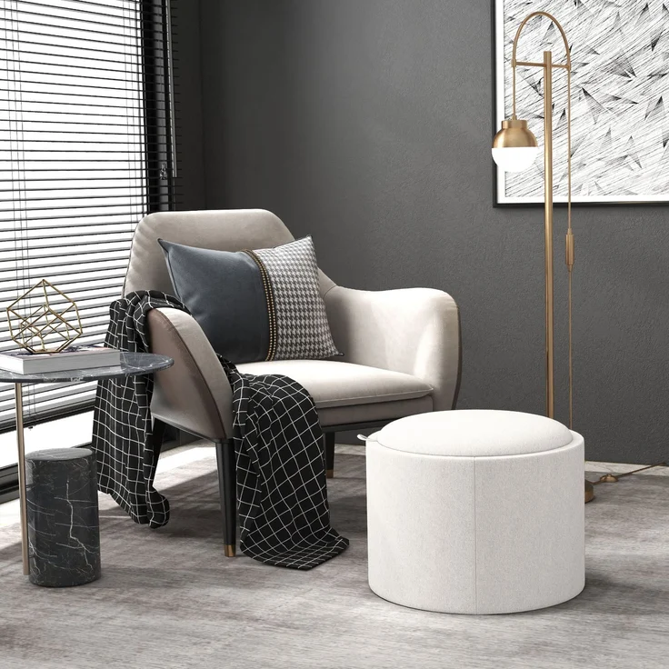 HOMCOM Sitzhocker mit Stauraum, Klappdeckel, Leinenoptik, Polsterhocker, Cremeweiß, 56 x 42 x 42 cm – Bild 2