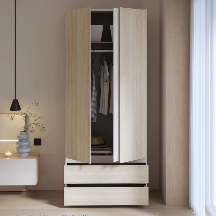 Forte PANOPTIK Kleiderschrank 90, schmaler, moderner Schrank, 2-türig, 2 Schubladen, Schlafzimmer, Jugendzimmer, Kaschmir|Beige|Riva Eiche Holzdekor, 48 cm breit x 210,5 cm hoch x 54,2 cm tief – Bild 10