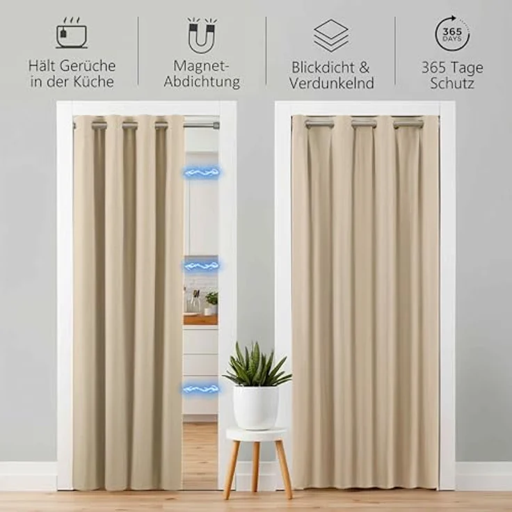 tinycurtains Türvorhang mit Stange silber 70-120 cm Thermo Vorhang ohne Bohren, blickdicht, Ösen, abdunkelnd, Polyester, beige Driftwood, Türgardine mit Klemmstange Raumteiler verdunkelnd – Bild 6