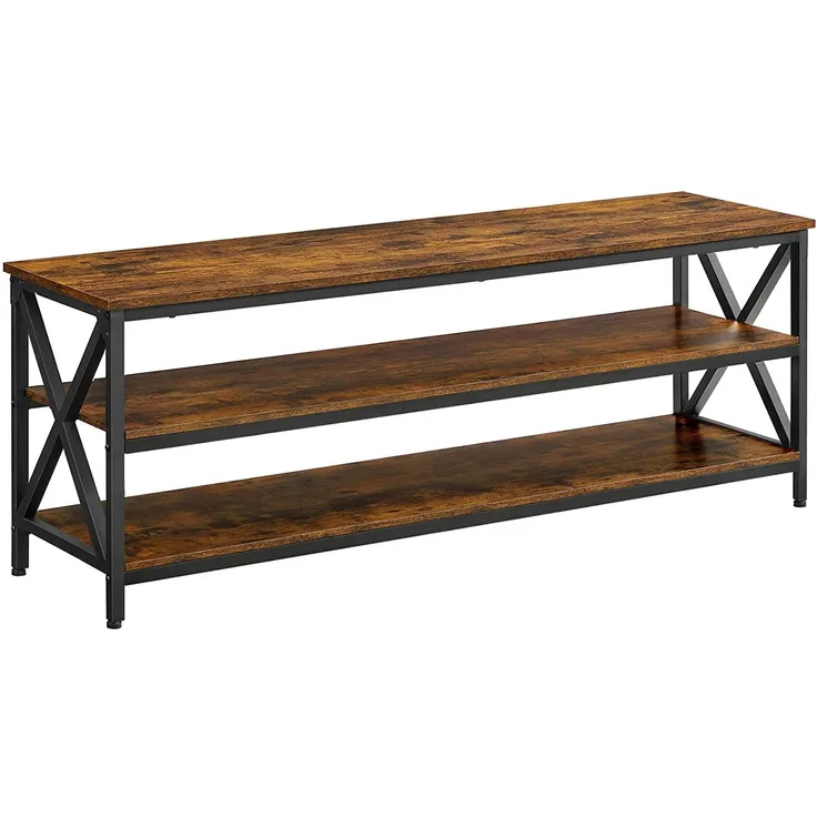 VASAGLE TV-Regal, TV-Schrank, Lowboard für Fernseher bis zu 65 Zoll, 147 x 40 x 50 cm, Fernsehtisch mit offenen Fächern, X-förmige Streben, Industrie-Design, vintagebraun-schwarz LTV100B01