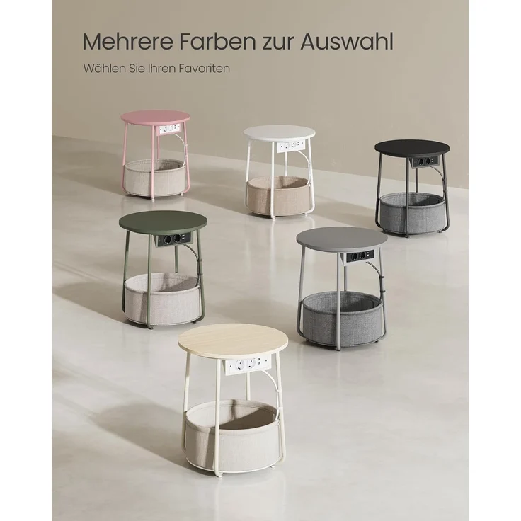 VASAGLE Beistelltisch rund, Kleiner Tisch, Couchtisch mit Steckdose, Wohnzimmertisch, Korb aus Stoff, Stauraum für Wohnzimmer Schlafzimmer, Nachttisch modern, naturbeige-cremeweiß LET228LL01 – Bild 7