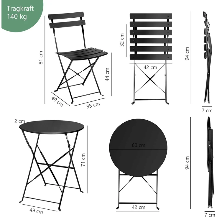 KESSER® Bistroset, 3-tlg, 2 klappbare Stühle, Gartentisch, inkl. Abdeckung, Metall Schwarz – Bild 7