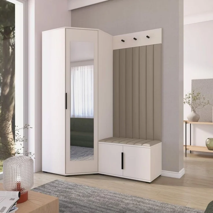 Garderoben-Set Napoli Version 21: Eckschrank mit Polsterpaneelen, Schuhschrank Flur und Eingangsbereich (Cashmere/Trinity 03), 189 x 70 x 140 cm – Bild 2