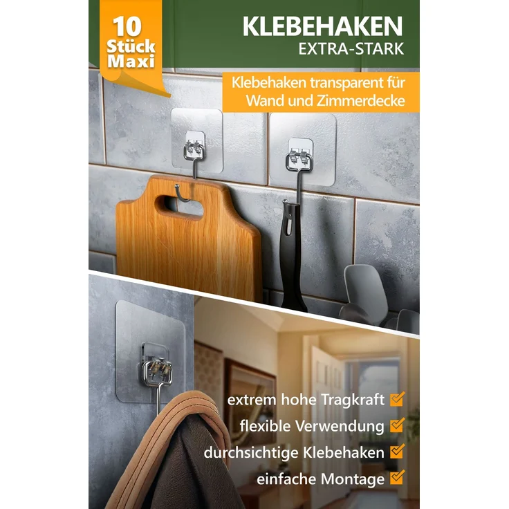 Lindenstein Transparente Klebehaken 10er-Set – 180° drehbar, bis 15 kg, ohne Bohren – Bild 2