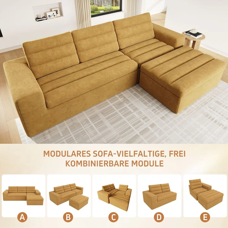 Ecksofa 253 x 161 x 89 cm in Orange, modulares Chenille-Sofa mit Hocker, rahmenlos und weich gepolstert – Bild 9