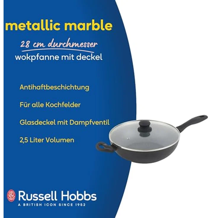 Russell Hobbs RH02812EU7 Metallic Marble Wok - Antihaftpfanne, Familienpfanne sautieren, 28cm große Universal-Kochpfanne, Deckel aus gehärtetem Glas mit Dampfbelüftung, geeignet für Induktionskochfeld – Bild 2