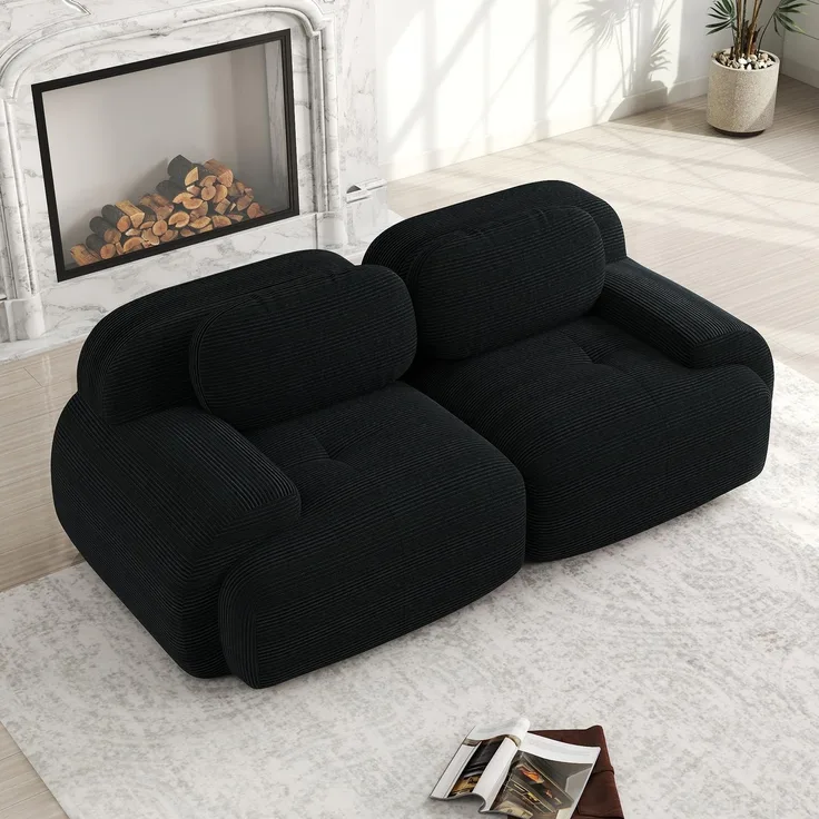 Ball & Cast Cord Sofa, Boneless Couch mit Ottomane, Ohne Montage, Sofa Modular mit Polsterung für Wohnzimmer, Schlafzimmer, Schwarz, 2 Sitze
