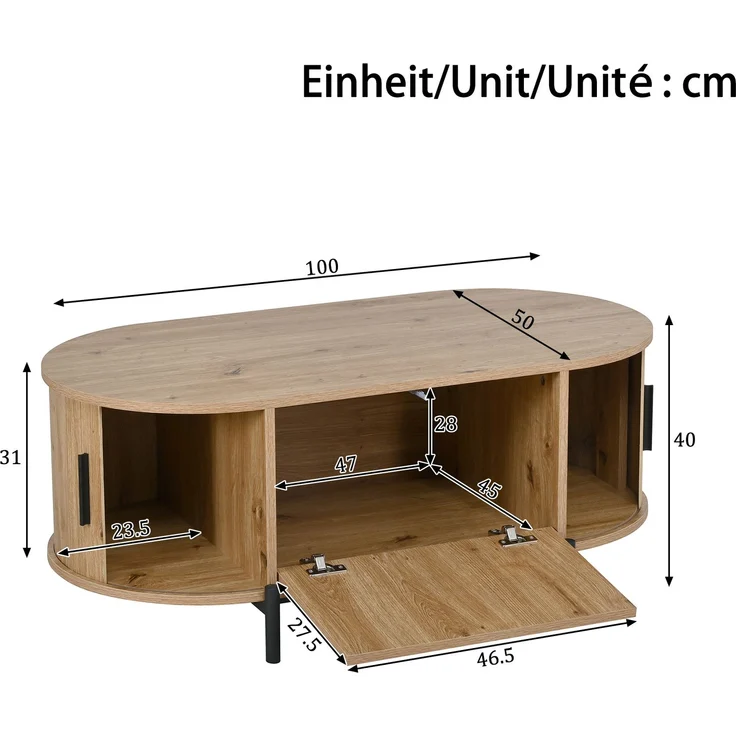 Couchtisch oval B 100 x T 50 x H 40 cm, MDF in Naturfarbe mit Rattan-Türen und Metallbeinen – Bild 5