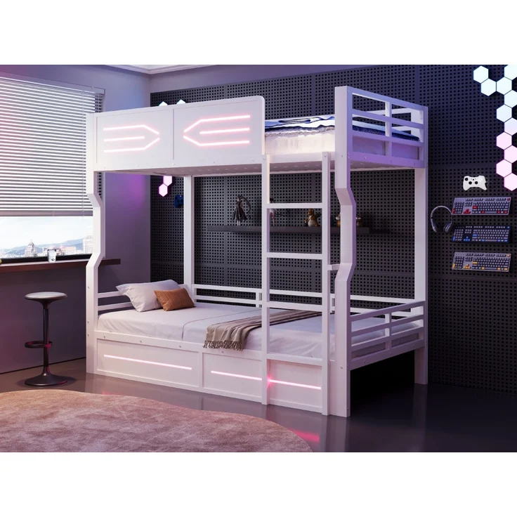 ZUBALIYA Etagenbett 90 × 200 cm, Metall, LED-Beleuchtung, Weiß – Bild 13