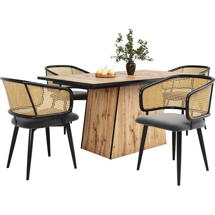4 Esszimmerstühle mit Rattan-Rückenlehne & Samtkissen, 47x47x79 cm, Grau – Bild 2